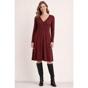 NWT Garnet Hill Red Black Leaf Print Long Sleeve V Neck Button Midi Dress Medium